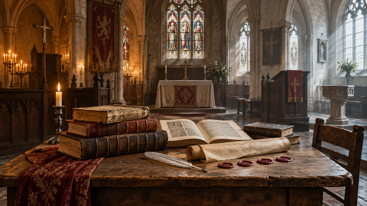 Historic stone church interior with stained-glass windows, candlelit altar, and a wooden table holding worn books, an open printed text, a scroll, quill, and red wax seals.
