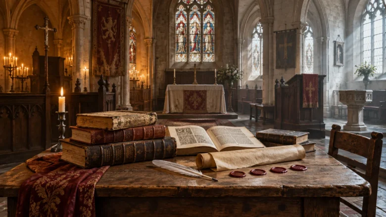 Historic stone church interior with stained-glass windows, candlelit altar, and a wooden table holding worn books, an open printed text, a scroll, quill, and red wax seals.
