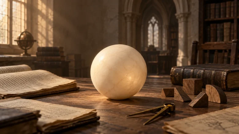 Warmly lit historic study or church library with handwritten manuscripts, old books, a brass globe and drawing compass, and a smooth pale sphere beside small wooden geometric blocks on a table.