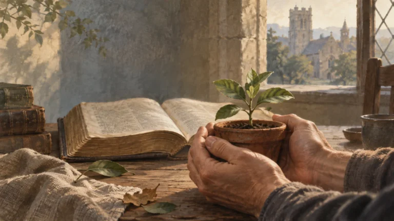 Hands hold a small potted seedling on a rustic table beside an open aged book and stacked volumes, with a stone church visible through a sunlit window.