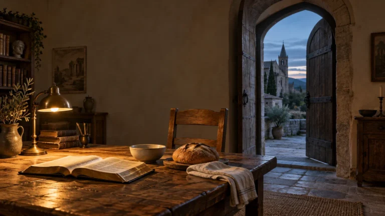 Warmly lit rustic study and dining table with an open Bible, stacked books, lamp, bread, bowl, and empty chair beside open wooden doors looking toward a stone church at dusk.