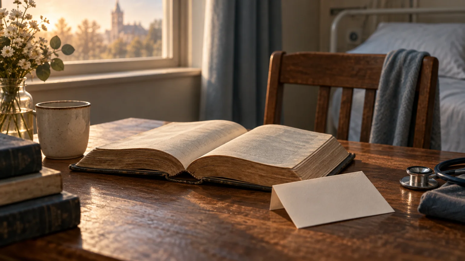 An open, worn book on a wooden table beside a stethoscope, with a hospital bed, chair, flowers, and a sunlit window in the background.