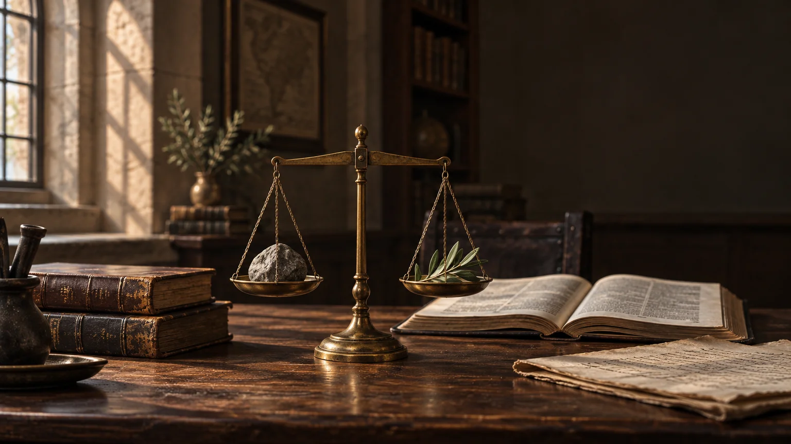 Warmly lit study desk with antique books, an open printed volume, and a brass balance scale holding a stone in one pan and olive branches in the other.
