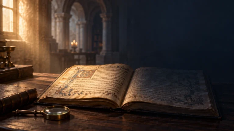 An open illuminated manuscript with ornate borders rests on a wooden desk beside a magnifying glass and closed book, with arched stone architecture and candlelight in the background.