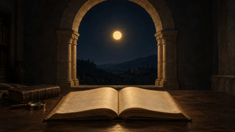 An open aged book on a wooden desk beneath a stone arch, looking out at a full moon over a dark distant landscape.