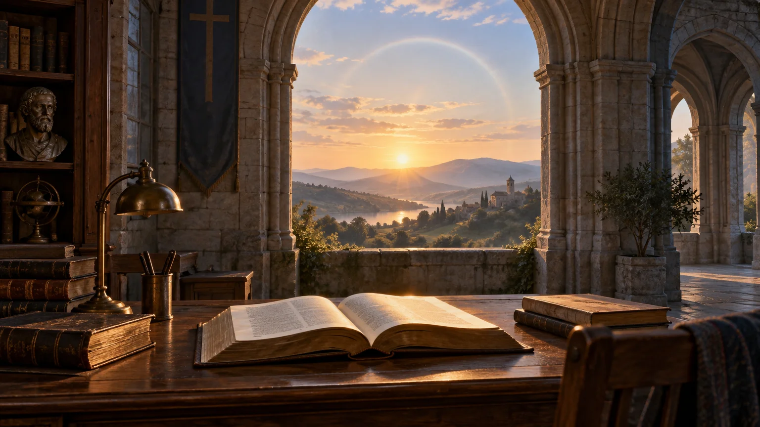 Open book on a wooden study desk beneath stone church arches, with old books, a lamp, a cross banner, and a sunrise over a distant valley.
