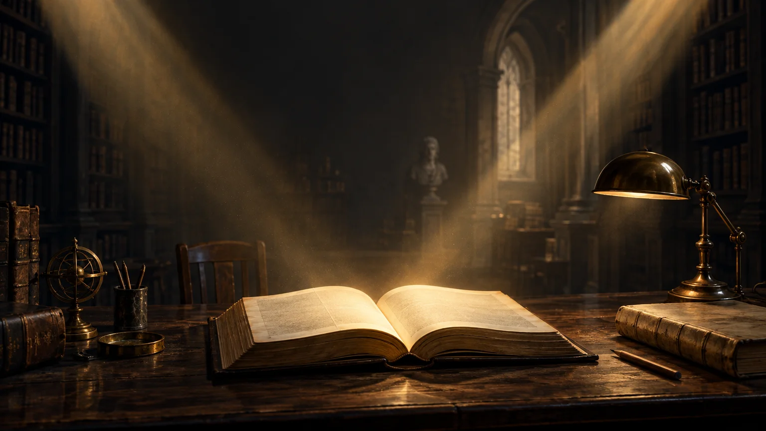 An open antique book on a wooden desk in a dim, book-lined study, lit by sunbeams and a brass desk lamp, with an armillary sphere and old books nearby.
